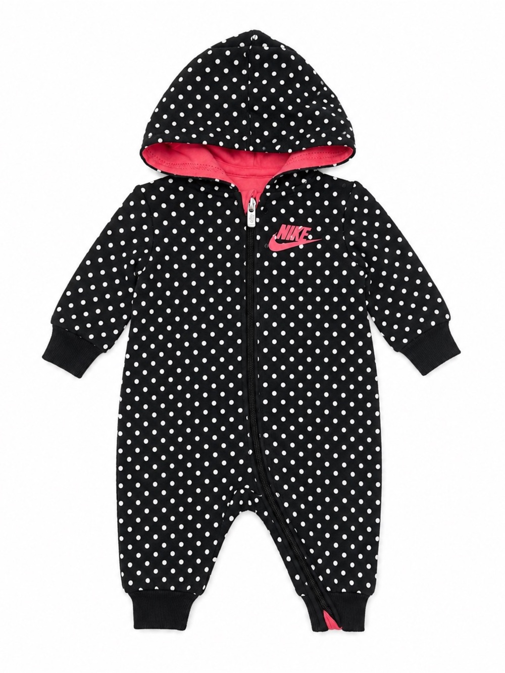 Nike Black and White Polka Dot Hooded One-Piece with Pink Logo